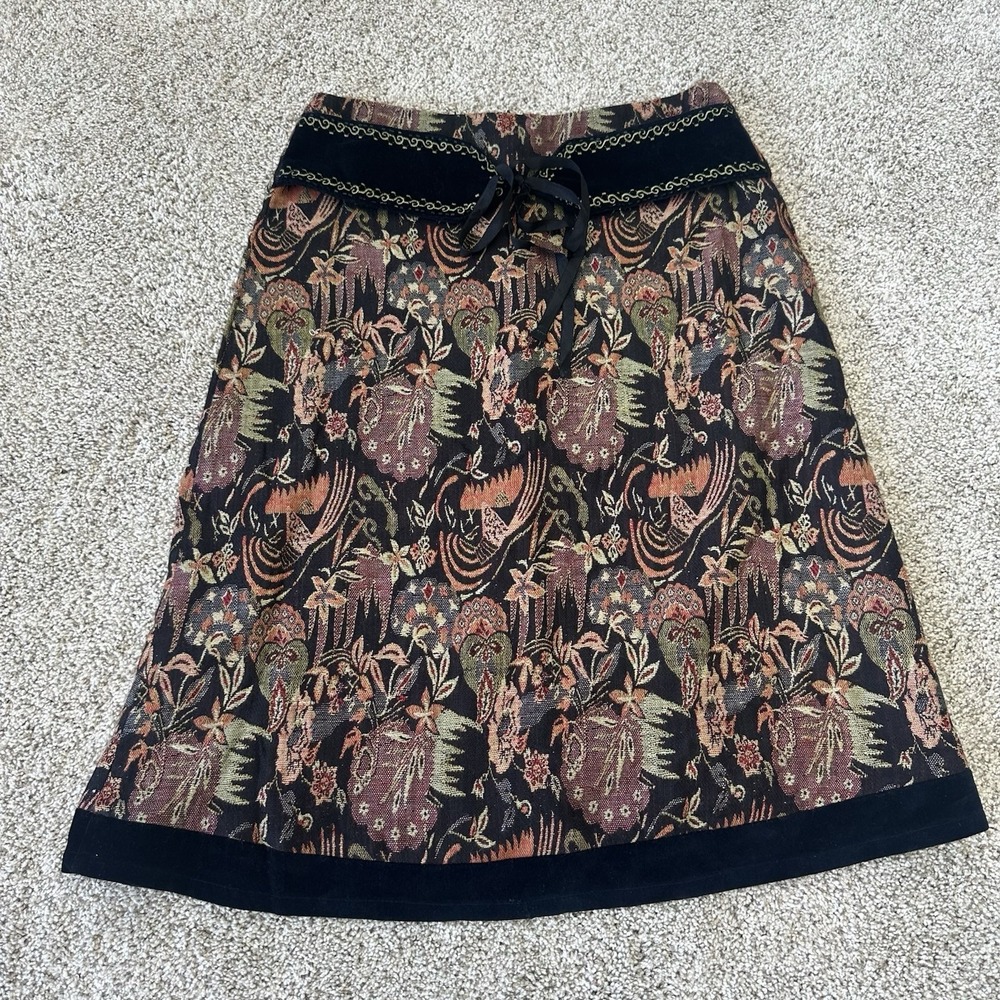 Mix Nouveau Skirt 8 Black Floral Embroidered Tapestry Lined A-Line Velvet Belted